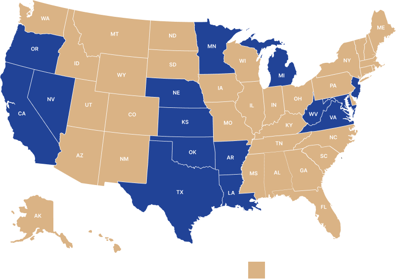 United States map showing 37 served states in gold and other states in blue